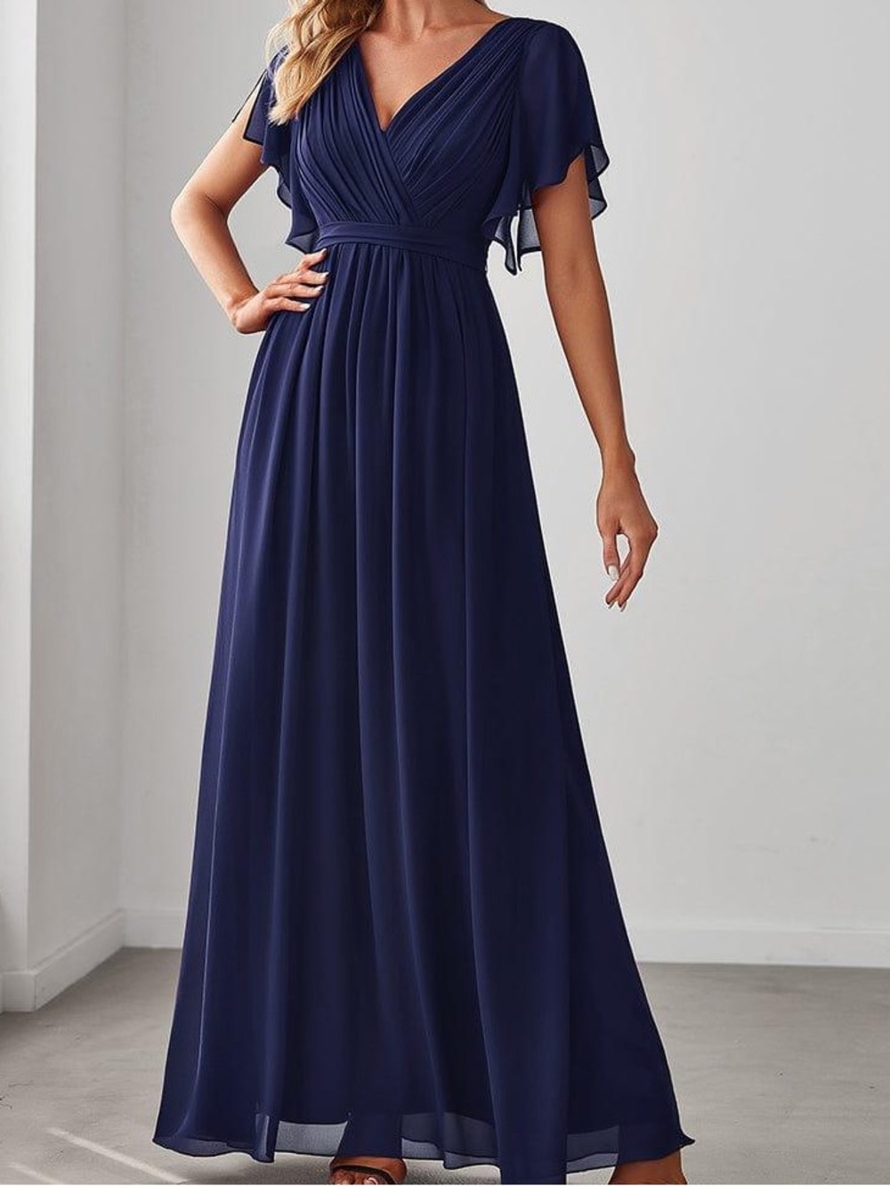 Ever Pretty Navy V-Neck Pleated A-Line Chiffon Tie Waist Maxi Dress Size 10